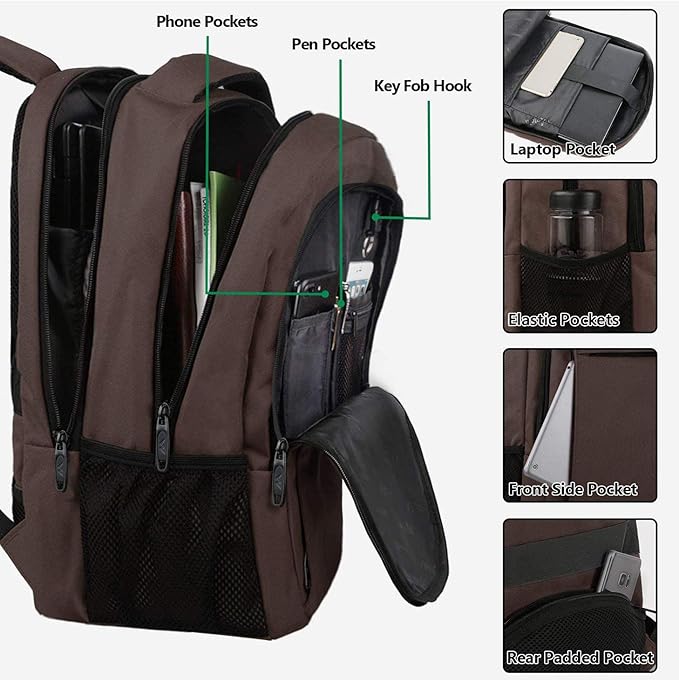 MATEIN 32L Laptop Backpack, Water Resistant School BookBag Fits 15.6 Inch Laptop Computer, Sturdy Personal Item Bag Casual Travel Daypack Carry on Underseat Luggage Backpack for Airlines, Brown