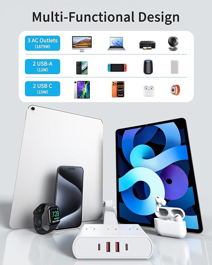 Electrical Outlet Extender Stick-360° Rotating Wall Outlet, Features 3 AC Outlets, 2 USB-A & 2 USB-C, Extends 16"-26", Extendable for Hard-to-Reach Outlets Behind Couches, Nightstands, Desks, and More