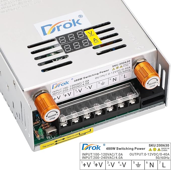 DROK 12V Power Supply, AC 110V 220V to DC 0-12V 0-40A 480W Buck Converter, Volt Amp Adjustable Adapter Regulated 5V 9V 12Volt Switching Voltage LED Transformer Charger for Computer CCTV Lab