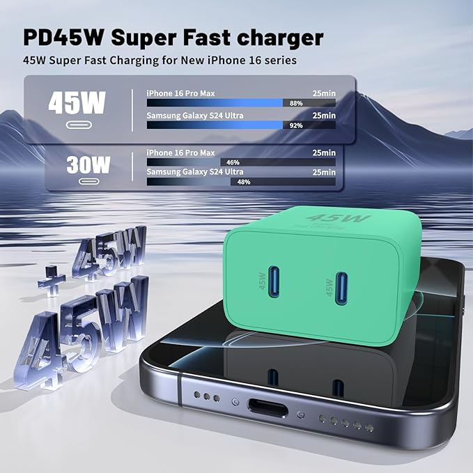 QZIIW Super Fast Samsung Charger Type C,45W Dual Port USB C Fast Charger Block [2-Pack] & Extra Long 60W 3/6/6/10FT USB C Cable - PD Quick Charging 3.0 for Samsung Galaxy S25 Ultra/S24+/S23 iPhone 16