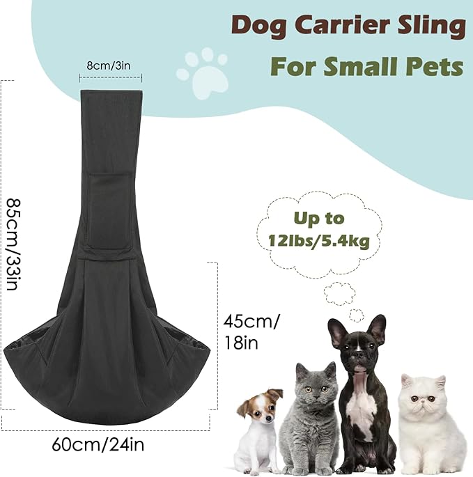Pawaboo Small Dog Sling Carrier, Reversible Hands Free Dog Sling Carriers for Small Dogs and Cats, Puppy Slings Carrier with Safety Harness, Puppy Essentials, Black