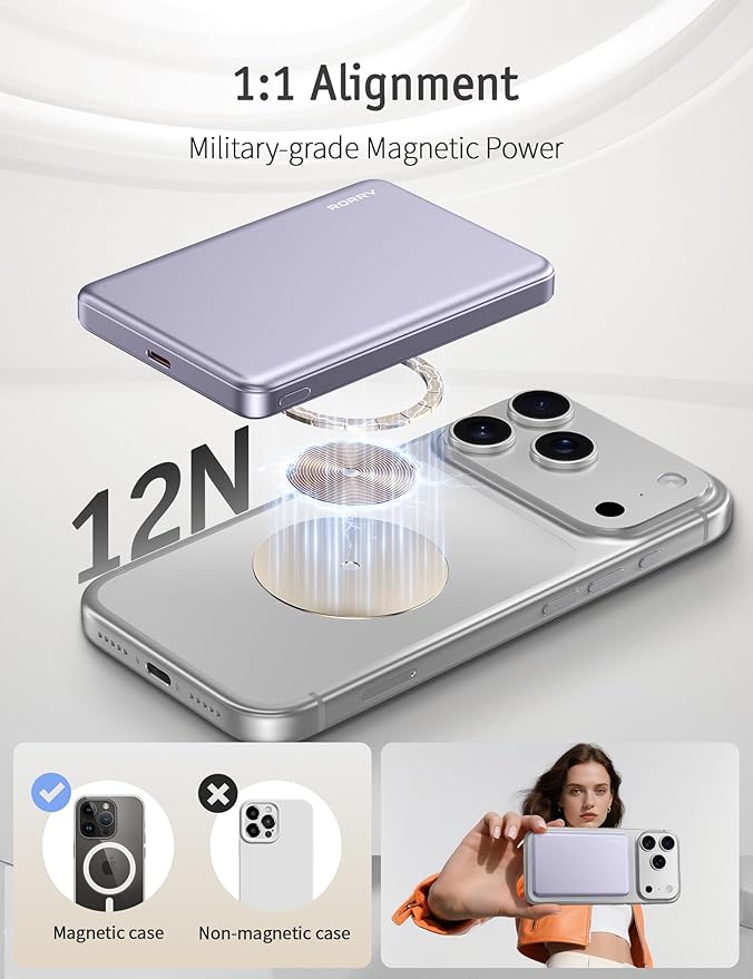 RORRY for Magsafe Portable Charger, 10000mAh Ultra Slim Magnetic Power Bank, 22.5W Fast Charging Wireless Portable Charger, USB C Battery Pack for iPhone 17/16/15/14/13/12 Plus Pro Max, Purple