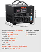 VEVOR Voltage Converter Transformer, 3000W, Heavy Duty Step Up/Down Transformer, Convert from 110 Volt to 220 Volt and from 220 Volt to 110 Volt, with US Outlet EU Outlet 5V USB Port, CE Certified