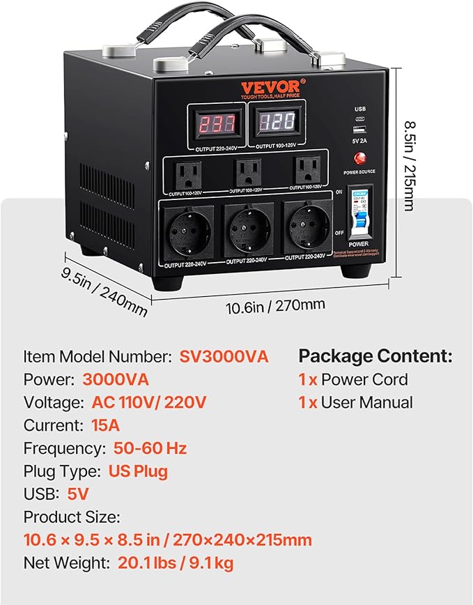 VEVOR Voltage Converter Transformer, 3000W, Heavy Duty Step Up/Down Transformer, Convert from 110 Volt to 220 Volt and from 220 Volt to 110 Volt, with US Outlet EU Outlet 5V USB Port, CE Certified