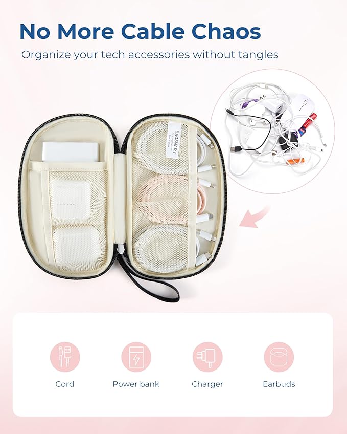 BAGSMART Travel Cord Organizer Electronics Case, Puffer Cable Organizer Bag Travel Essentials for Women, Small Tech Organizer Travel Case for Charger, Cable, Phone, Flash Drive Black