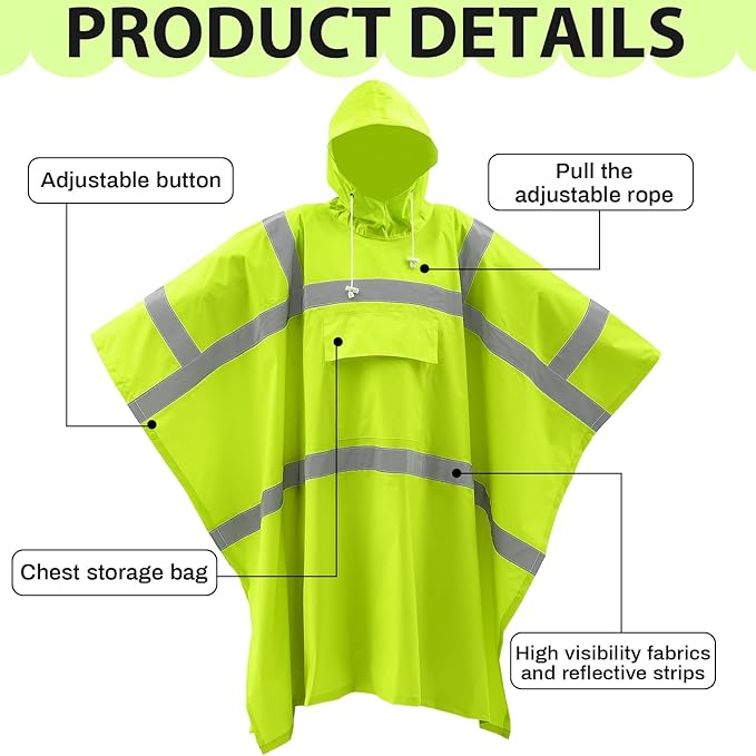 Coume High Visibility Rain Poncho with Large Pocket 50×80 Inch Reflective Rain Coat Safety Jacket Unisex for Outdoor Worker