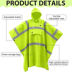 Coume High Visibility Rain Poncho with Large Pocket 50×80 Inch Reflective Rain Coat Safety Jacket Unisex for Outdoor Worker