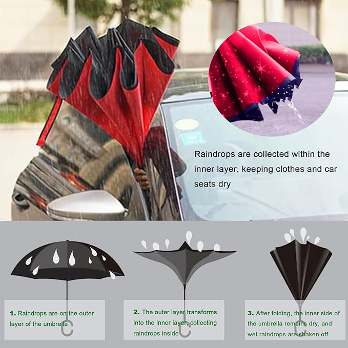 MRTLLOA 40/49/56 Inch Oversize Windproof Inverted Reverse Upside Down Umbrella, Golf Size Rain Umbrella, Double Layer, C-Shaped Handle for Men, Women and Kids