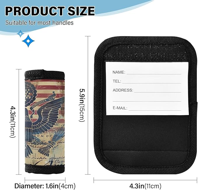 Qilmy Retro American Flag and Eagle Luggage Handle Wrap 4Pack Luggage Identifiers Tag Comfort Handle Grips Cover for Stroller Suitcase Bag Airplane Travel Accessories2379