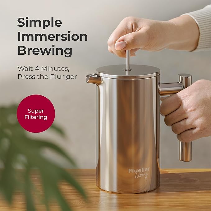 MuellerLiving French Press Coffee Maker 20oz, Stainless Steel French Press Coffee, 4 Filter Heat Resistant Double Insulated, Rust-Free, Food Grade, Dishwasher Safe Coffee Pot