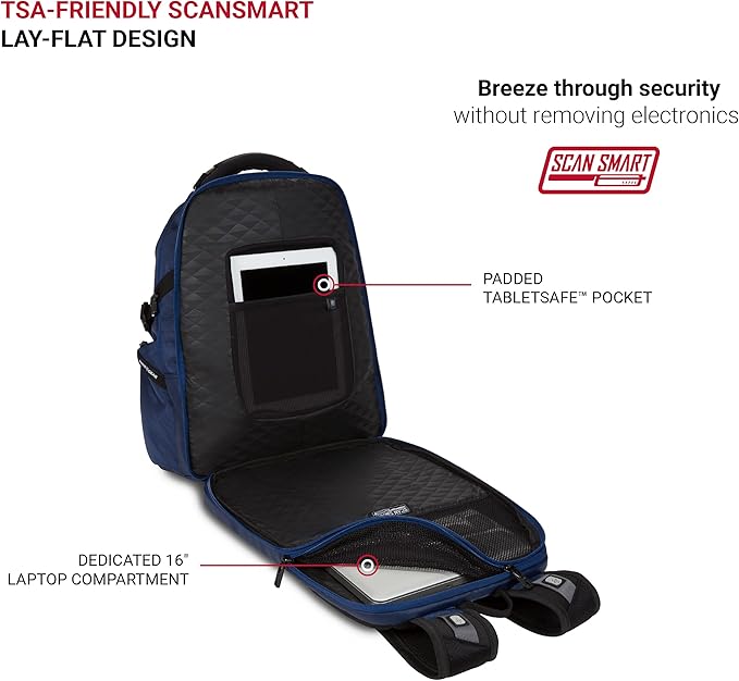 SwissGear Endure ScanSmart Laptop Backpack – TSA Approved Tech Backpack – Fits Most 17" Laptop – Multiple Organizer Pockets – Navy Ballistic