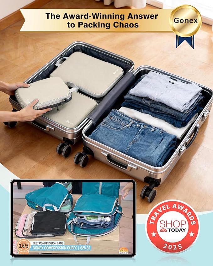 Gonex Compression Packing Cubes, 4pcs Expandable Storage Travel Luggage Bags Organizers (Cream)