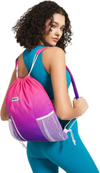 WANDF Drawstring Backpack with Shoulder Pad Sports Gym Backpack with Mesh Pocket String Bag for Women Men(Rose Gradient)