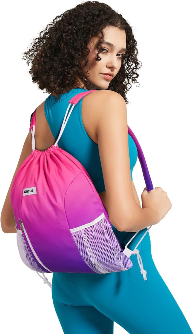 WANDF Drawstring Backpack with Shoulder Pad Sports Gym Backpack with Mesh Pocket String Bag for Women Men(Rose Gradient)