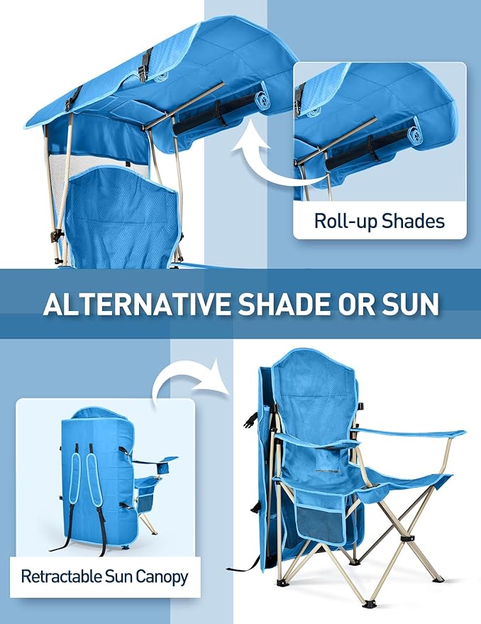 Docusvect Beach Chair with Canopy Shade, Folding Camping Chair with Canopy with Cup Holder, Side Pocket for Camp, Beach, Tailgates, Fishing - Support 330 LBS