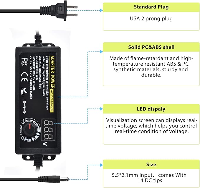 Universal Power Supply Adjustable 72w DC 3V ~ 24V Variable Switching 100V-240V AC/DC Adapter with Volt Display,14pcs Tips,4-Way Power Splitter Cable,Test Lead, Polarity Converter