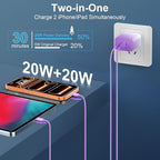 20W Dual Port USB C Charger Block,Phone 17 16 15 Pro Max Charger Fast Charging with 10FT Long USB C to C Charging Cable Cord for 17 16 Pro Max/17 16Pro/15/15Plus,Android Phone-Gradient Purple