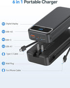 20000mAh Lightweight-Portable-Charger-Power-Bank with Built-in Cables and AC Wall Plug, PD20W USB-C Fast Charging Battery Pack, LED Display External Travel Phone Charger for All iPhone,Samsung,Android