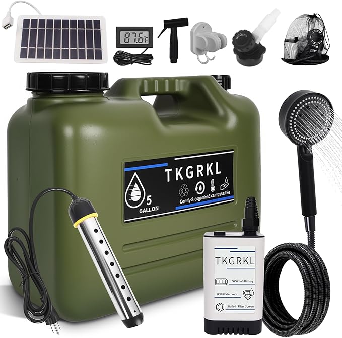Camping Shower with Heater and 5-Gallon Water Jug, 6000mAh Rechargeable Portable Shower, 1500w Immersion Heater with Auto Shut-Off, Rinse Kit Portable Shower with USB Solar Charging Panel For Camping