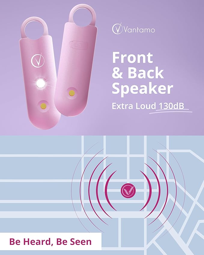 Vantamo Personal Alarm for Self Defense with Low Battery Notice, Strobe Light & Extra Loud 130 dB Double Speakers Safety Keychain Set for Women, Rechargeable Panic Button for Womens Self Defense