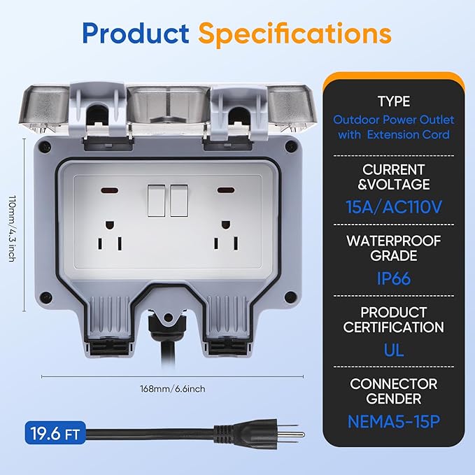 Outdoor Power Outlet,Outdoor Extension Cord Waterproof Double Wall Outlet Extender with On-Off Switch and Indicator Light，Exterior Electric External Power Outlet,Outside Outlet (19.6FT)