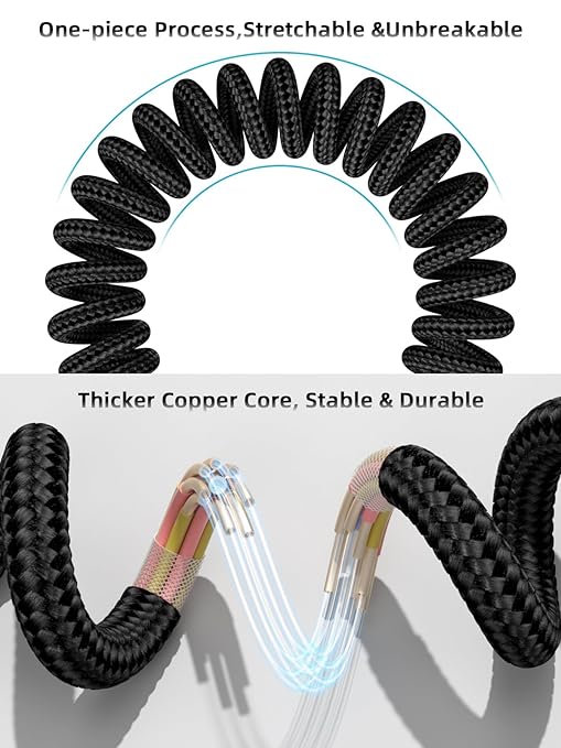 Quickeep Car Carplay Cable 2Pack 3ft Coiled USB A to USB C Fast Charge Cord for iPhone 17/16/15/Plus/Pro Max/MacBook Pro, Auto Coiled Retractable iPhone Car Cord