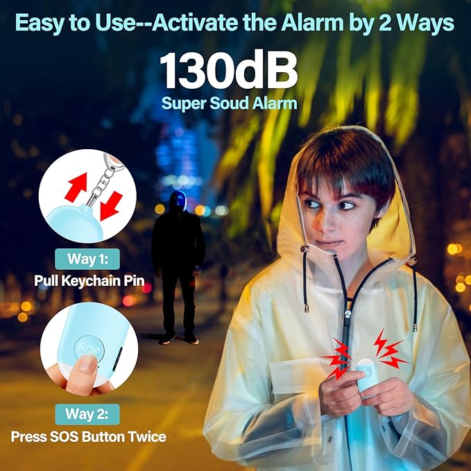 Hion Personal Safety Alarm for Women, Rechargeable 130dB Self Defense Alarm Keychain with LED Flashlight, Emergency Safe Sound Security for Children Elderly College Girls Men, Blue
