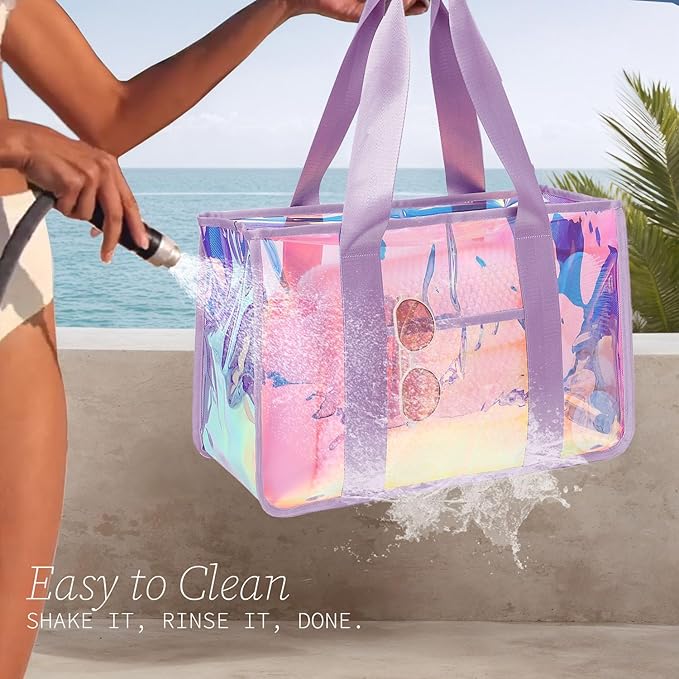Fammart Iridescent Clear Beach Bag for Women, Jelly Tote Bag Waterproof Sandproof Pool Bag Cruise Vacation Essentials
