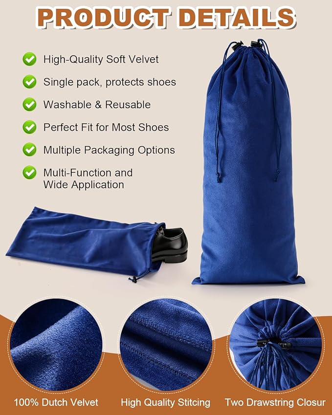 4 Pcs Single Shoe Bags for Travel, 17.3"x8.6" Washable Travel Shoe Bags for Packing in Suitcase, Velvet Dust Bag with Drawstring, Shoe Pouch for Women and Men, Travel and Home Storage (Palace Blue)