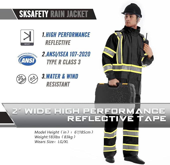 SKSAFETY Hi Vis Safety Rain Jacket for Men, Construction Work Rain Gear Heavy Duty Class 3 Rain Coat Waterproof Lightweight