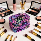 Plush Travel Makeup Bag Toiletry bag for Women Soft Fluffy Cosmetic Bag Portable Foldable (Rainbow Leopard)