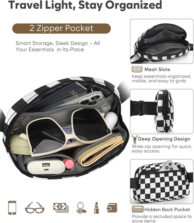 Pritent Fanny Packs for Women Cross Body Bag Waterproof Belt Bag with Adjustable Strap and Zipper Back Pocket Small Crossbody Bags Fashion Waist Packs for Workout Travelling(Checkered Black)