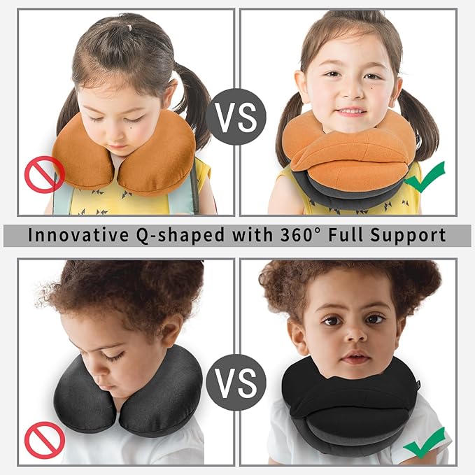 BUYUE Kids Travel Pillows for Airplane, Memory Foam 360° Head Support Sleeping Essentials for Long Flight, Skin-Friendly Soft Neck Pillow for Traveling in Car Seat, (Small, Orange Grey, 40-90 lbs)