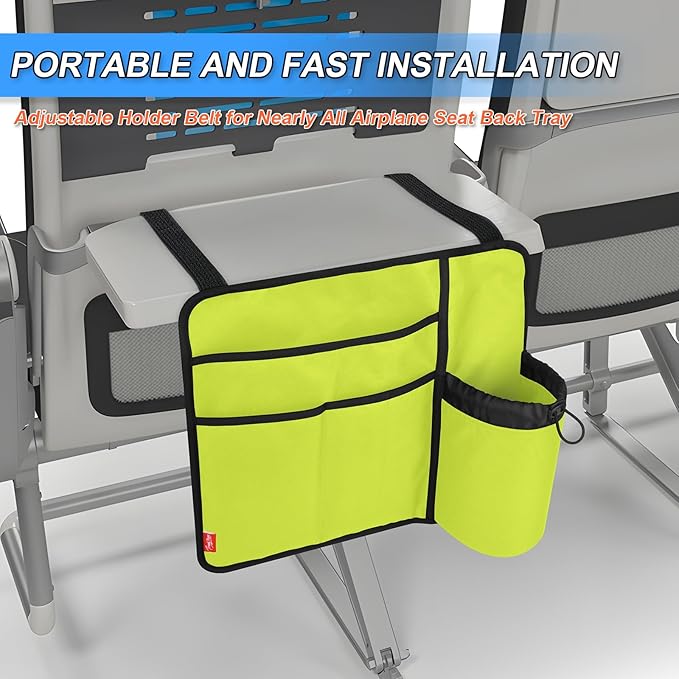 Airplane Seat Back Organizer & Storage, Airplane Tray Table Cover for Personal Items, Airline Seat Hanging Pockets Media Pouch,Reusable Travel Essentials,Fits Tablets,Cell Phone,Water Bottle (Green)