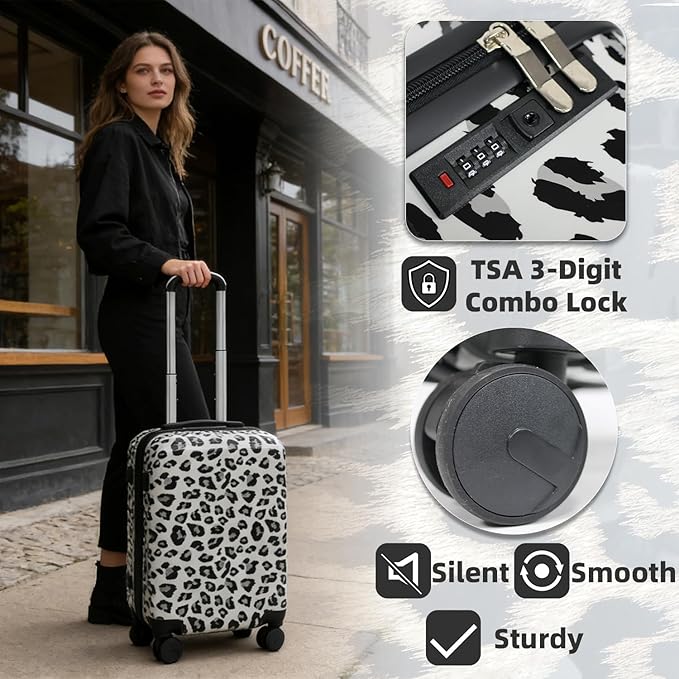 Luggage Sets 4 Piece Leopard Print, ABS+PC Hardside Suitcase Set with 360° Silent Spinner Wheels, TSA Lock, Lightweight Rolling Travel Luggage with Adjustable Handle, 14/20/24/28 Inch (Leopard White)
