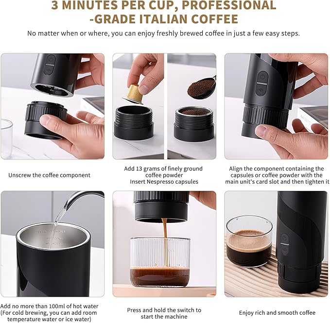 Portable Coffee Machine，Rechargeable Cafetière Portable de Voyage with USB-C, 20bar, Electric Coffee Maker for Camping & Travel, 3-in-1 Car Coffee Maker, Compatible with Coffee Grounds&Capsules