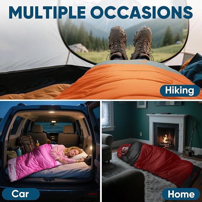 PTEROMY Sleeping Bags for Adults, Lightweight and Machine Washable, Water Resistant Backpacking Camping Sleeping Bag for Warm Cold Weather, Camping Essentials for Hiking Travel