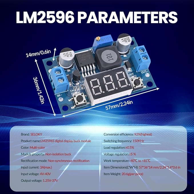LM2596 Adjustable DC-DC Step-Down Buck Converter Module with LED Voltmeter Display, Voltage Regulator 4.0-40V Input to 1.25-37V Output Power Supply Module (Pack of 6)