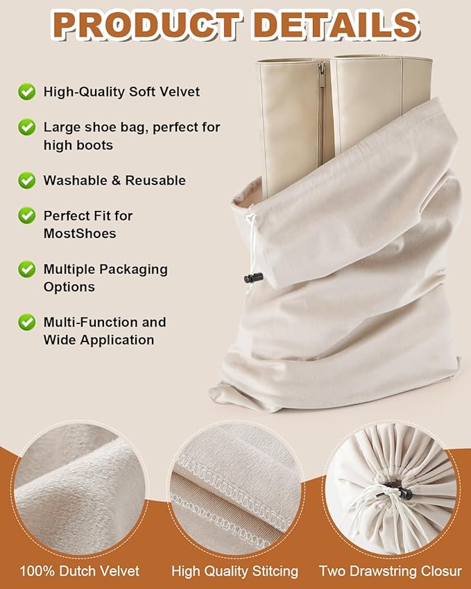 2 Pcs Shoe Bags for Travel, 21.2"x13.3" Large Boot Bags for Cowboy Boots, Washable Velvet Dust Bag with Drawstring for Dress Shoes, Handbags and Clothing, Suitable for Travel and Home Storage