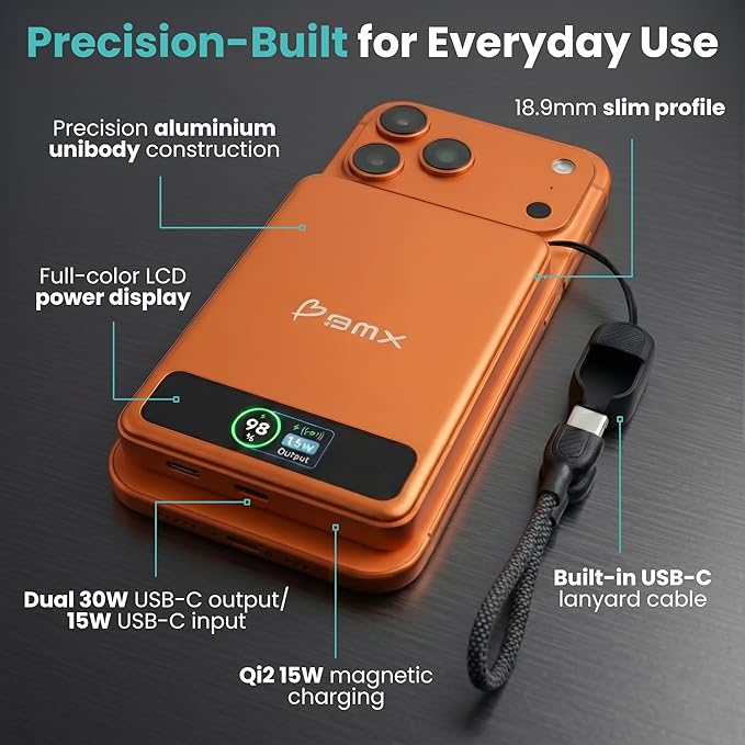 10K Magnetic Power Bank, Orange, Qi2 Certified 15W Wireless Charger, LCD Display, Solid-State Battery for Safer Travel, Ultra-Slim USB-C Fast Charging Portable Charger for iPhone 17/16/17