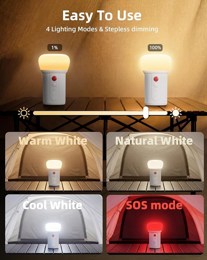 LED Rechargeable Camping Lantern with Hook - 6000mAh Emergency Outdoor Camping Lights, IPX5 Water Resistant Portable Tent Lights for Camping Hiking, Backpacking, Fishing, Outages (White)