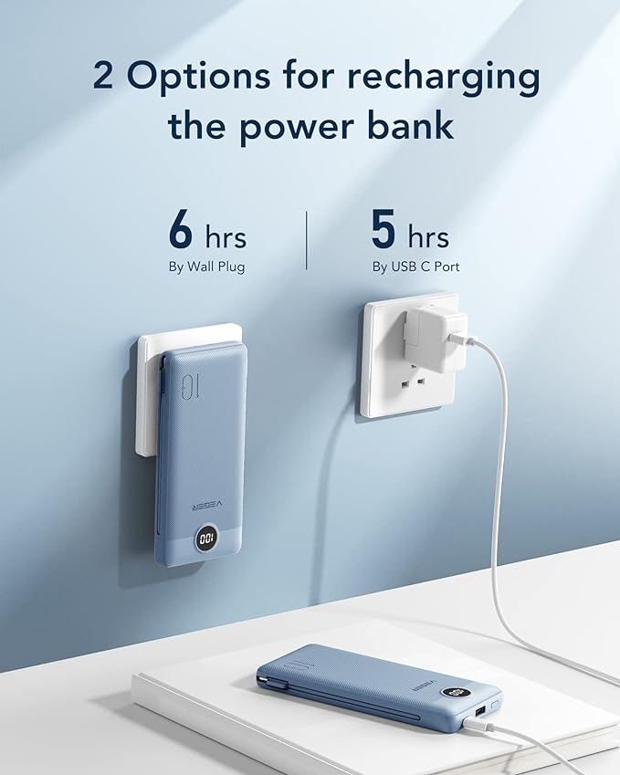 VEGER Portable Charger with Built-in AC Plug and Cables, All in One 10000mAh Ultra Slim Power Bank Travel Essentials, Fast Charging Battery Pack Compatible with iPhone, Samsung, Android (Blue)