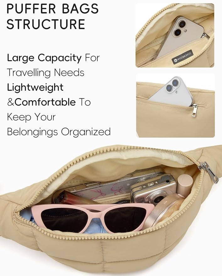 WESTBRONCO Puffer Fanny Packs for Women Small Crossbody Sling Bag, Nylon Quilted Belt Bag for Travel Hiking Running Waist Bag with Adjustable Strap