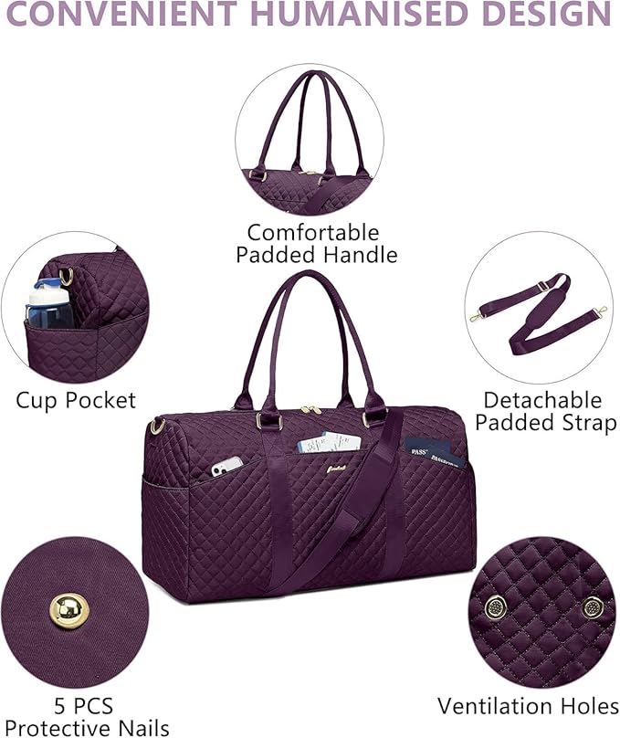 Women Weekender Travel Duffle Bag: Travel Duffel Overnight Bags with Shoe Compartment Large Carry on Tote with Toiletry Bag Weekend Traveling Yoga Gym Hospital Bag for Women with Wet Pocket Purple