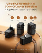 Momax 9-in-1 High-Power Universal Travel Adapter, 205W GaN Worldwide Charging Hub with 6 USB-C & 1 USB-A, AC Outlet, Type A/C/G/I Plugs for 200+ Countries, Safe for Laptops, Phones, Cruise Ready