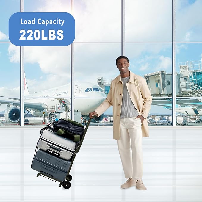 Folding Hand Truck Dolly Lightweight Aluminum Luggage Cart - 220lbs Capacity with Elastic Bungee Cord for Travel & Shopping