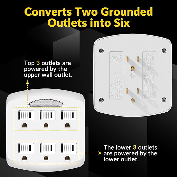 6-Outlet Extender 2 Pack, 3-Prong Ground Wall Tap Adapter with Safety Cap & LED Guide Light, Cruise Essentials, Multiple Plug Electrical Outlets Splitter for Home, Office, Dorm Room, ETL Listed, White