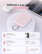 RORRY CharmGo Portable Charger, 5000mAh Portable Charger Power Bank with Built-in Cables, Travel Keychain Charger Battery Pack for iPhone 17/16/15/14/13/12, for AirPods 2/3/4/Pro, Pink