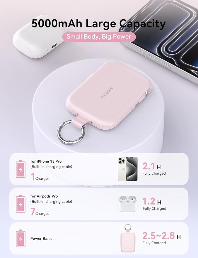 RORRY CharmGo Portable Charger, 5000mAh Portable Charger Power Bank with Built-in Cables, Travel Keychain Charger Battery Pack for iPhone 17/16/15/14/13/12, for AirPods 2/3/4/Pro, Pink