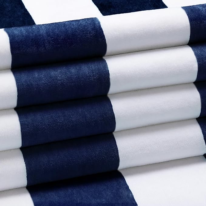 HENBAY Cotton Oversized Beach Towel - Large 70 x 35 Inch Pool Towel, Navy Blue Striped Quick Dry Swimming Cabana Towel